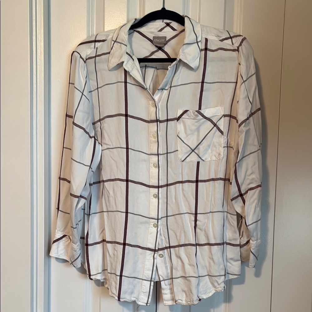 Chico's Cream and Brown Plaid Shirt